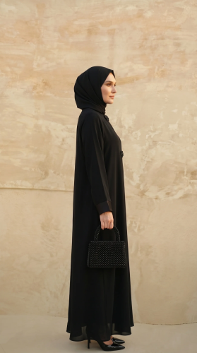 Mevlana Taş İşlemeli Ferace Kloş Kesim Fermuarlı Saten Manşetli Siyah 9587-26 - 3