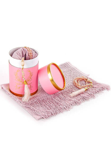 Mevlid Gift Set with Cylinder Box - Pearl Rosary - Mevlid Covered - Pink Color - Thumbnail