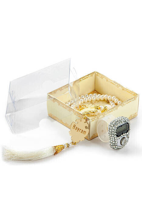 Mevlid Gift Set With Plexi Pearl Rosary and Zikirmatik Special For Name - Cream Color