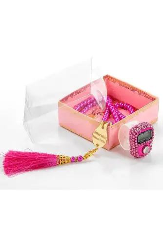 Mevlid Gift Set With Plexi Pearl Rosary and Zikirmatik Special For Your Name - Pink Color - 1