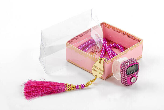 Mevlid Gift Set With Plexi Pearl Rosary and Zikirmatik Special For Your Name - Pink Color - Thumbnail