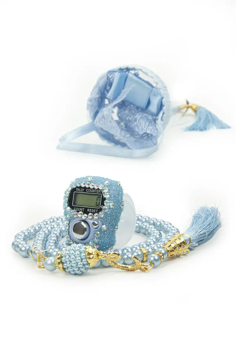 Mevlüt Gift Set with Zikrmatik and Pearl Prayer Beads in Special Box Light Blue - 3
