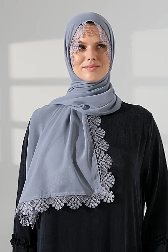 Mevlüt Örtüsü Demor Dantelli İğne Oyalı Çeyizlik Namaz Başörtüsü Gri 