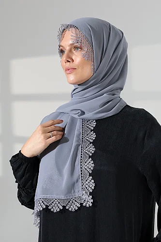 Mevlüt Örtüsü Demor Dantelli İğne Oyalı Çeyizlik Namaz Başörtüsü Gri - 4