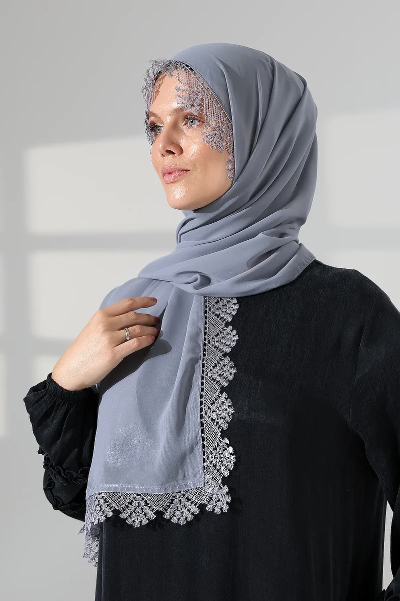 Mevlüt Örtüsü Demor Dantelli İğne Oyalı Çeyizlik Namaz Başörtüsü Gri - 4