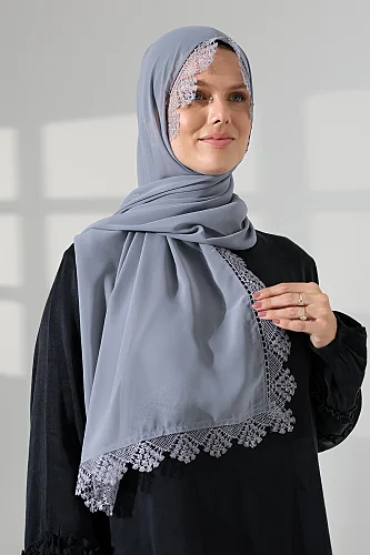 Mevlüt Örtüsü Demor Dantelli İğne Oyalı Çeyizlik Namaz Başörtüsü Gri - 5
