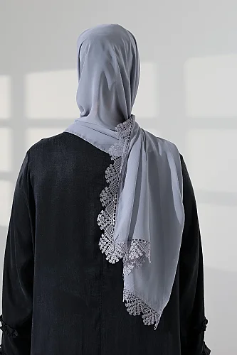 Mevlüt Örtüsü Demor Dantelli İğne Oyalı Çeyizlik Namaz Başörtüsü Gri - 8