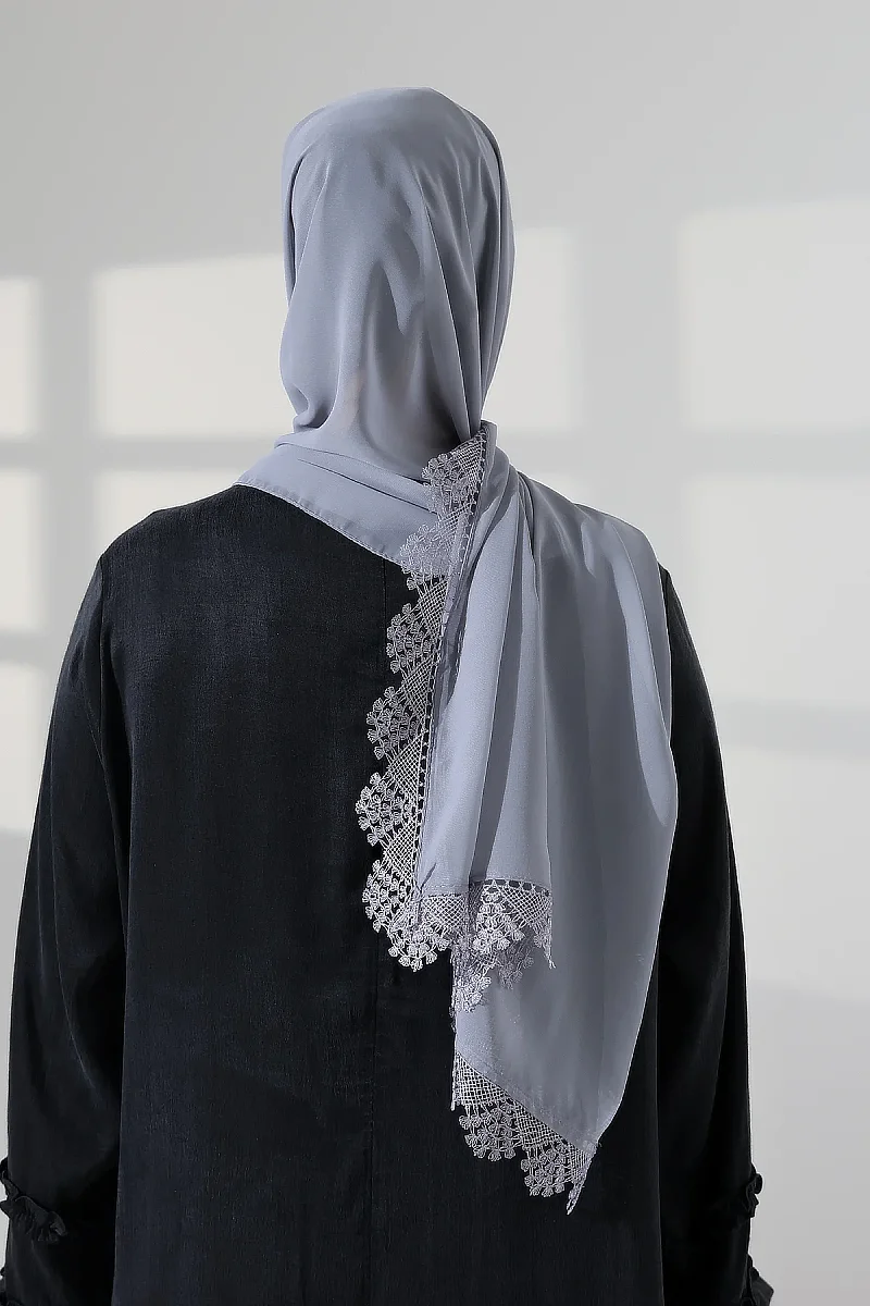 Mevlüt Örtüsü Demor Dantelli İğne Oyalı Çeyizlik Namaz Başörtüsü Gri - 8