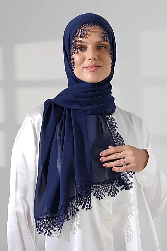 Mevlüt Örtüsü Demor Dantelli İğne Oyalı Çeyizlik Namaz Başörtüsü Lacivert 