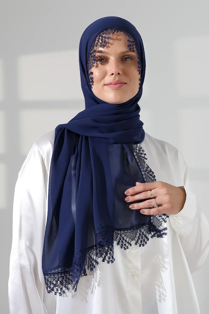 Mevlüt Örtüsü Demor Dantelli İğne Oyalı Çeyizlik Namaz Başörtüsü Lacivert - 1