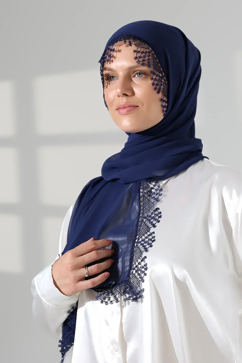 Mevlüt Örtüsü Demor Dantelli İğne Oyalı Çeyizlik Namaz Başörtüsü Lacivert - 3
