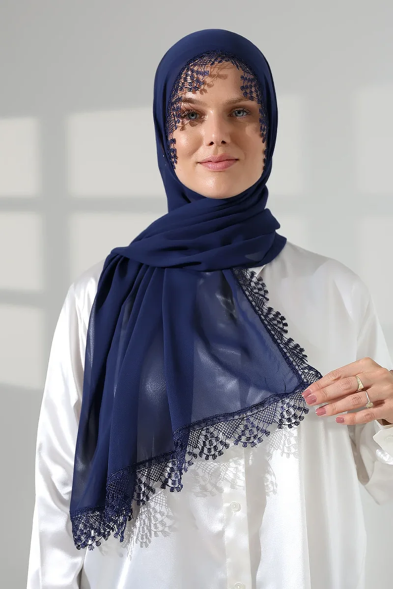 Mevlüt Örtüsü Demor Dantelli İğne Oyalı Çeyizlik Namaz Başörtüsü Lacivert - 4
