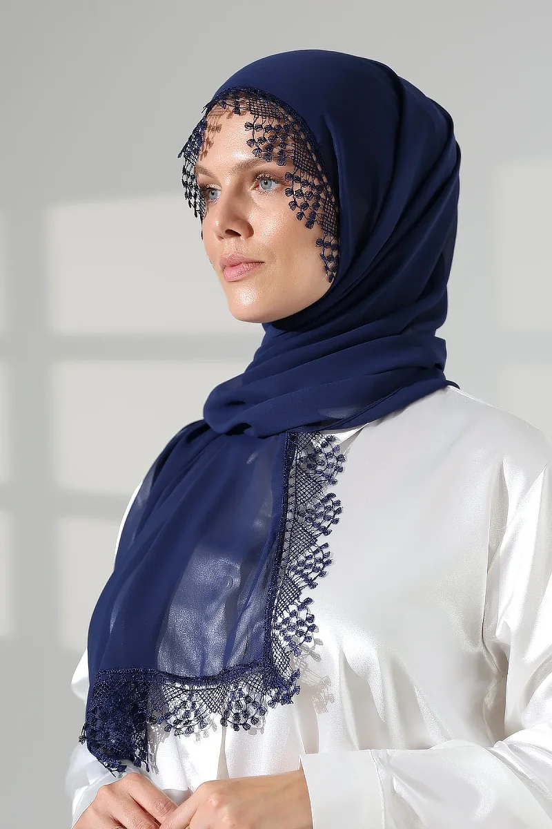 Mevlüt Örtüsü Demor Dantelli İğne Oyalı Çeyizlik Namaz Başörtüsü Lacivert - 5