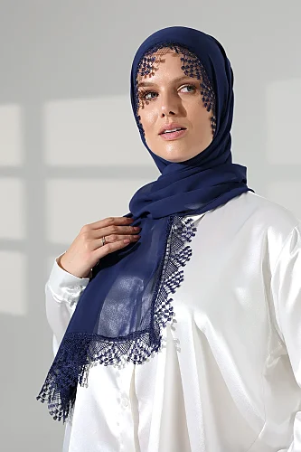 Mevlüt Örtüsü Demor Dantelli İğne Oyalı Çeyizlik Namaz Başörtüsü Lacivert - 6