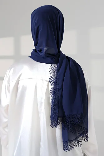 Mevlüt Örtüsü Demor Dantelli İğne Oyalı Çeyizlik Namaz Başörtüsü Lacivert - 8