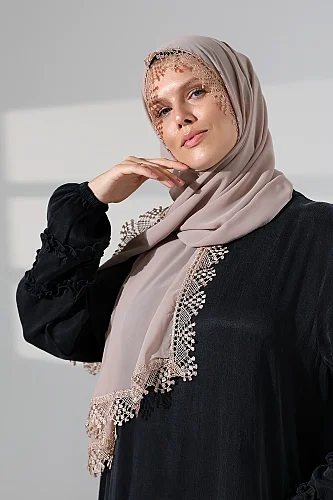 Mevlüt Örtüsü Demor Dantelli İğne Oyalı Çeyizlik Namaz Başörtüsü Vizon - 4