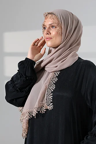 Mevlüt Örtüsü Demor Dantelli İğne Oyalı Çeyizlik Namaz Başörtüsü Vizon - 5