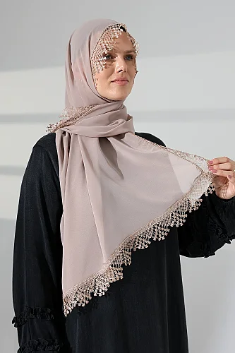 Mevlüt Örtüsü Demor Dantelli İğne Oyalı Çeyizlik Namaz Başörtüsü Vizon - 7