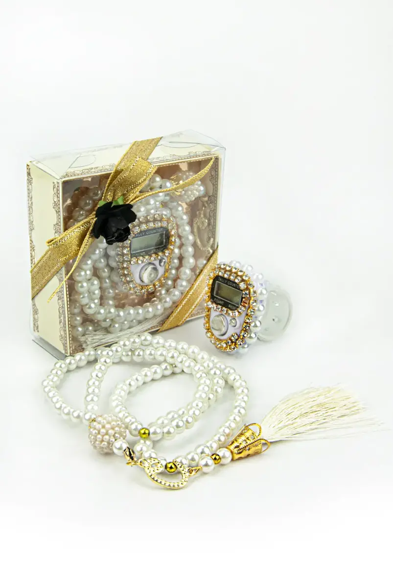 Mevlüt Seti Hediyelik Taşlı Zikirmatik ve İnci Görünümlü Tesbih Beyaz - 1