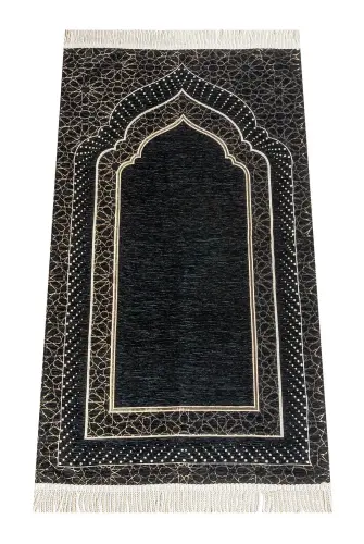 Mihrab Patterned Lined Chenille Prayer Rug - Black - 1