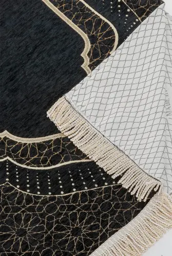 Mihrab Patterned Lined Chenille Prayer Rug - Black - 3