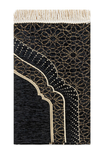 Mihrab Patterned Lined Chenille Prayer Rug - Black - 2