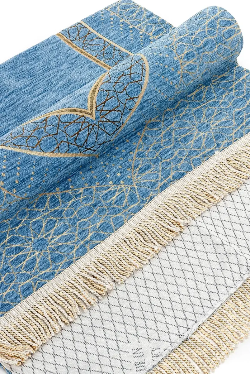 Mihrab Patterned Lined Chenille Prayer Rug - Blue - 3