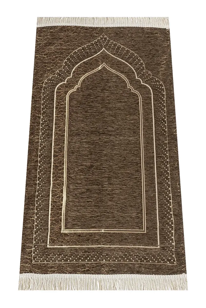 Mihrab Patterned Lined Chenille Prayer Rug - Brown - 1