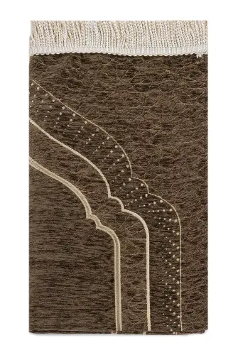 Mihrab Patterned Lined Chenille Prayer Rug - Brown - ihvanonline (1)