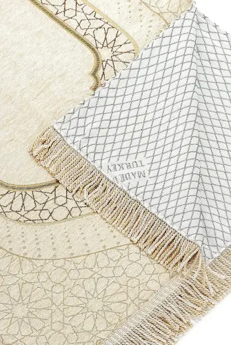 Mihrab Patterned Lined Chenille Prayer Rug - Cream - 3