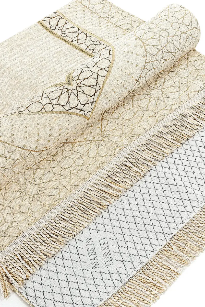 Mihrab Patterned Lined Chenille Prayer Rug - Cream - 4