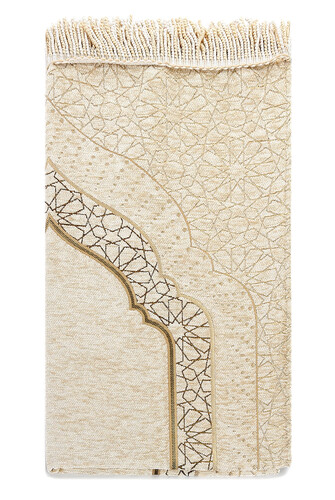 Mihrab Patterned Lined Chenille Prayer Rug - Cream - 2