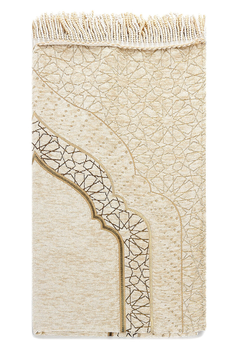 Mihrab Patterned Lined Chenille Prayer Rug - Cream - 2
