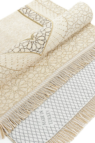 Mihrab Patterned Lined Chenille Prayer Rug - Cream - 4