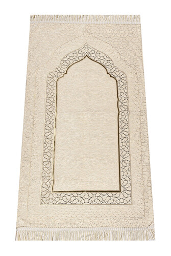 Mihrab Patterned Lined Chenille Prayer Rug - Cream - 1