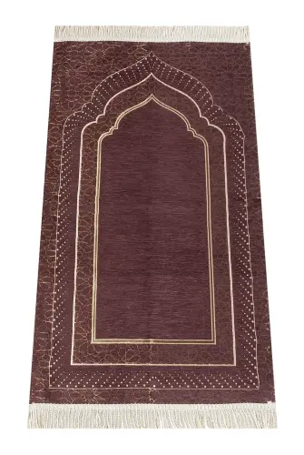 Mihrab Patterned Lined Chenille Prayer Rug - Dark Brown - 1