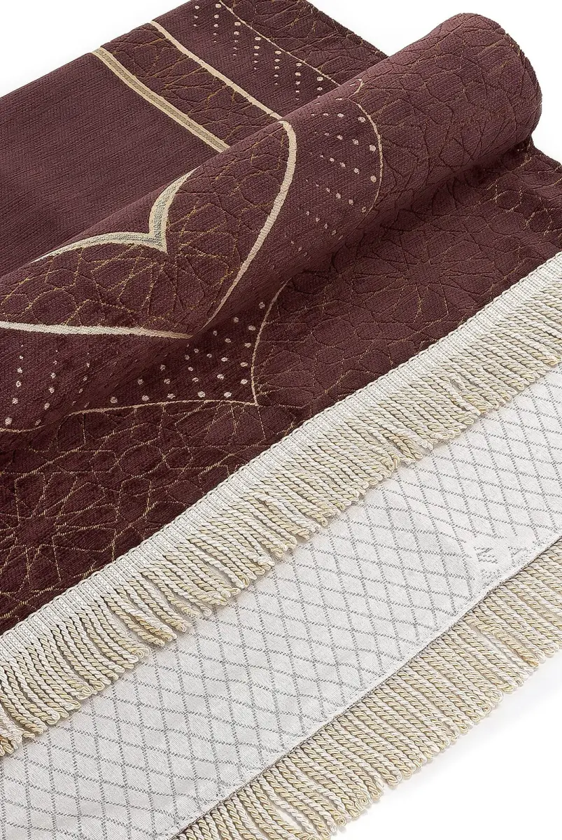 Mihrab Patterned Lined Chenille Prayer Rug - Dark Brown - 4