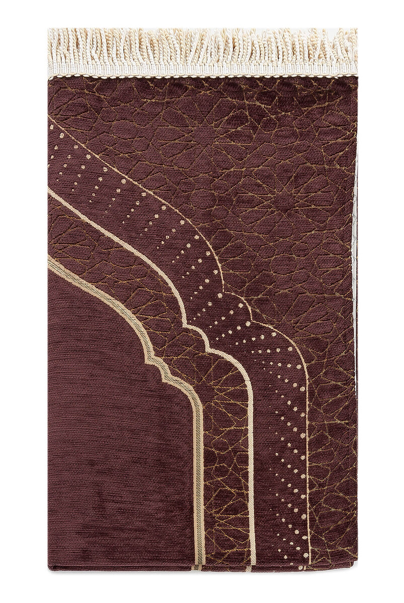Mihrab Patterned Lined Chenille Prayer Rug - Dark Brown - 2