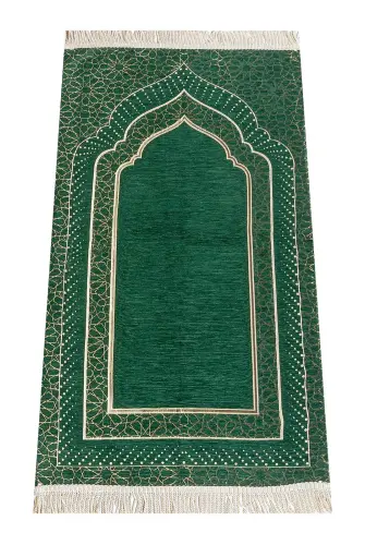Mihrab Patterned Lined Chenille Prayer Rug - Green - 1