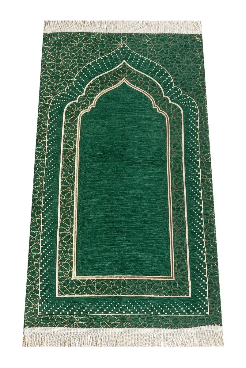 Mihrab Patterned Lined Chenille Prayer Rug - Green - 1