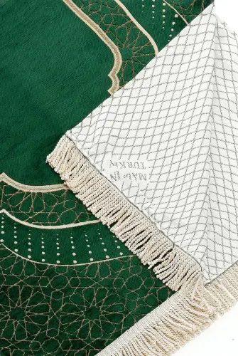 Mihrab Patterned Lined Chenille Prayer Rug - Green - 3