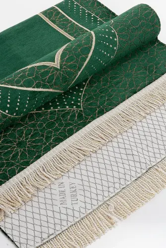 Mihrab Patterned Lined Chenille Prayer Rug - Green - 4