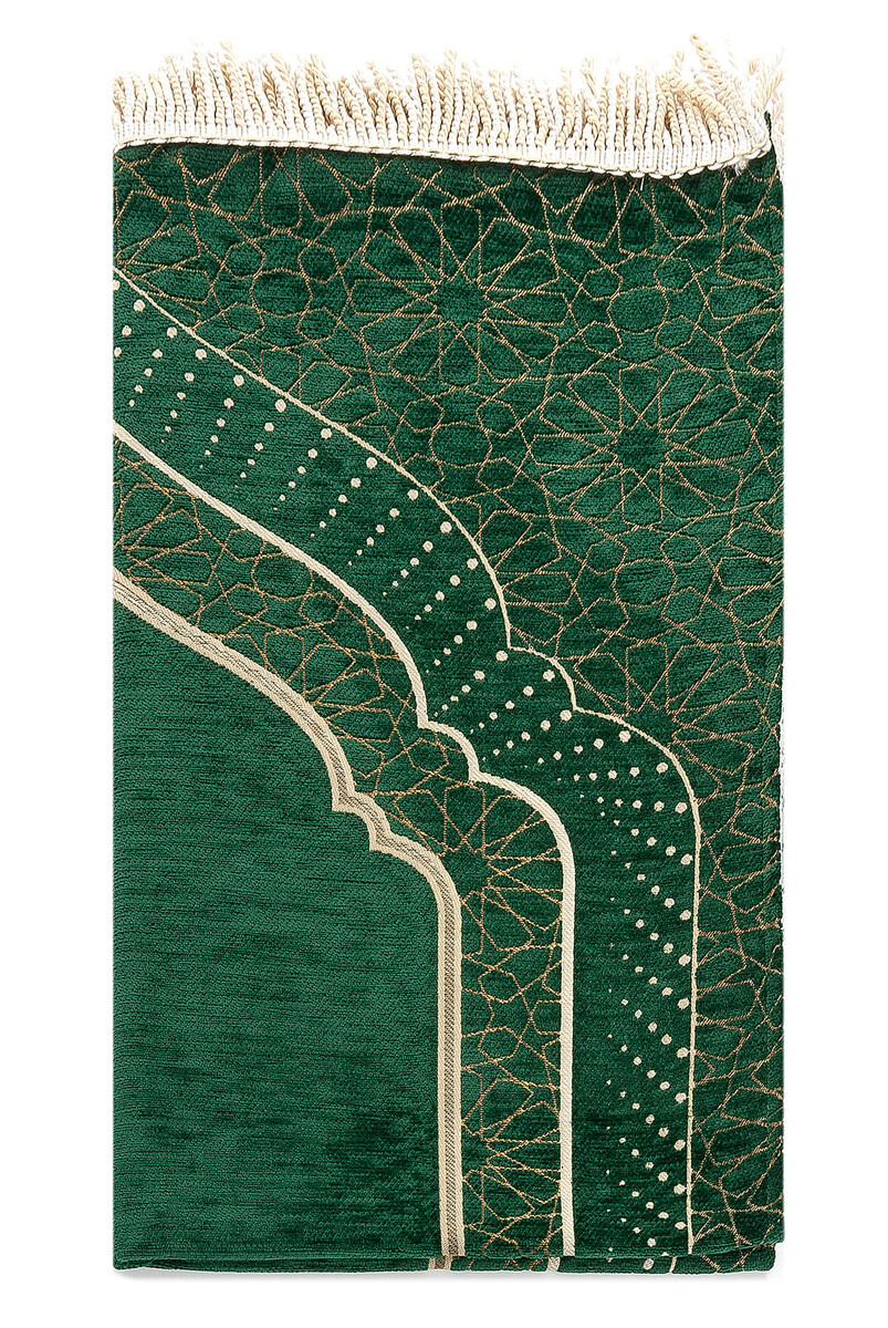 Mihrab Patterned Lined Chenille Prayer Rug - Green - 2