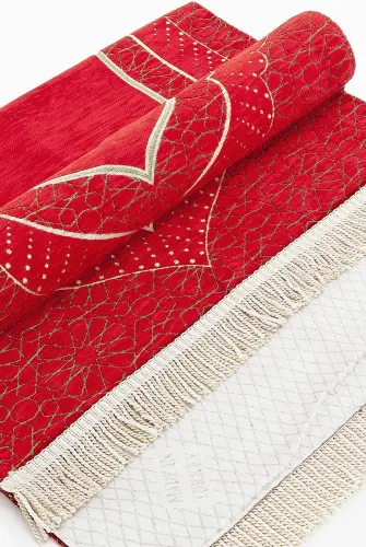 Mihrab Patterned Lined Chenille Prayer Rug - Red - 3
