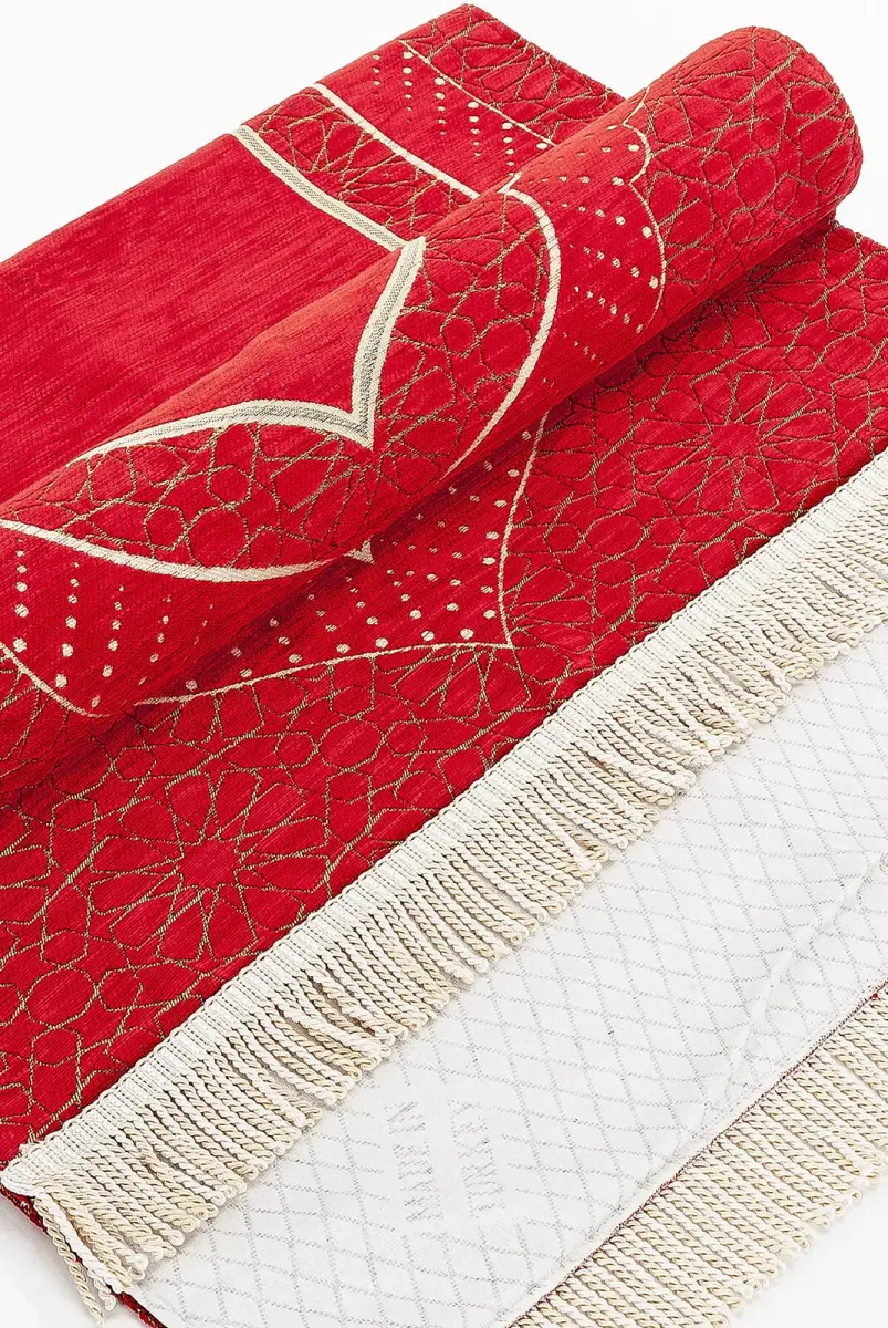 Mihrab Patterned Lined Chenille Prayer Rug - Red - 3
