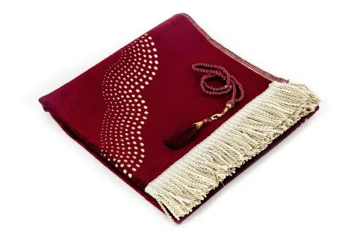 Mihrab Patterned Plain Chenille Prayer Rug Claret Red - İhvan (1)