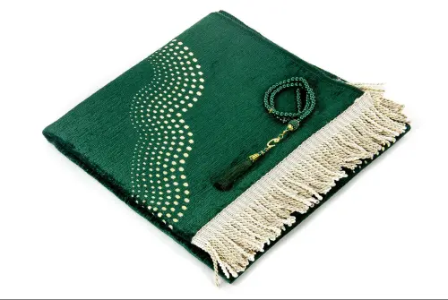 Mihrab Patterned Plain Chenille Prayer Rug Green - İhvan (1)