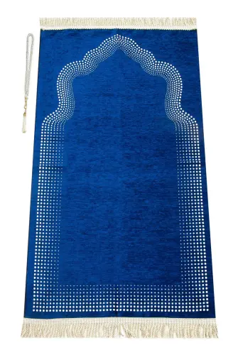 Mihrab Patterned Plain Chenille Prayer Rug Navy Blue - 1