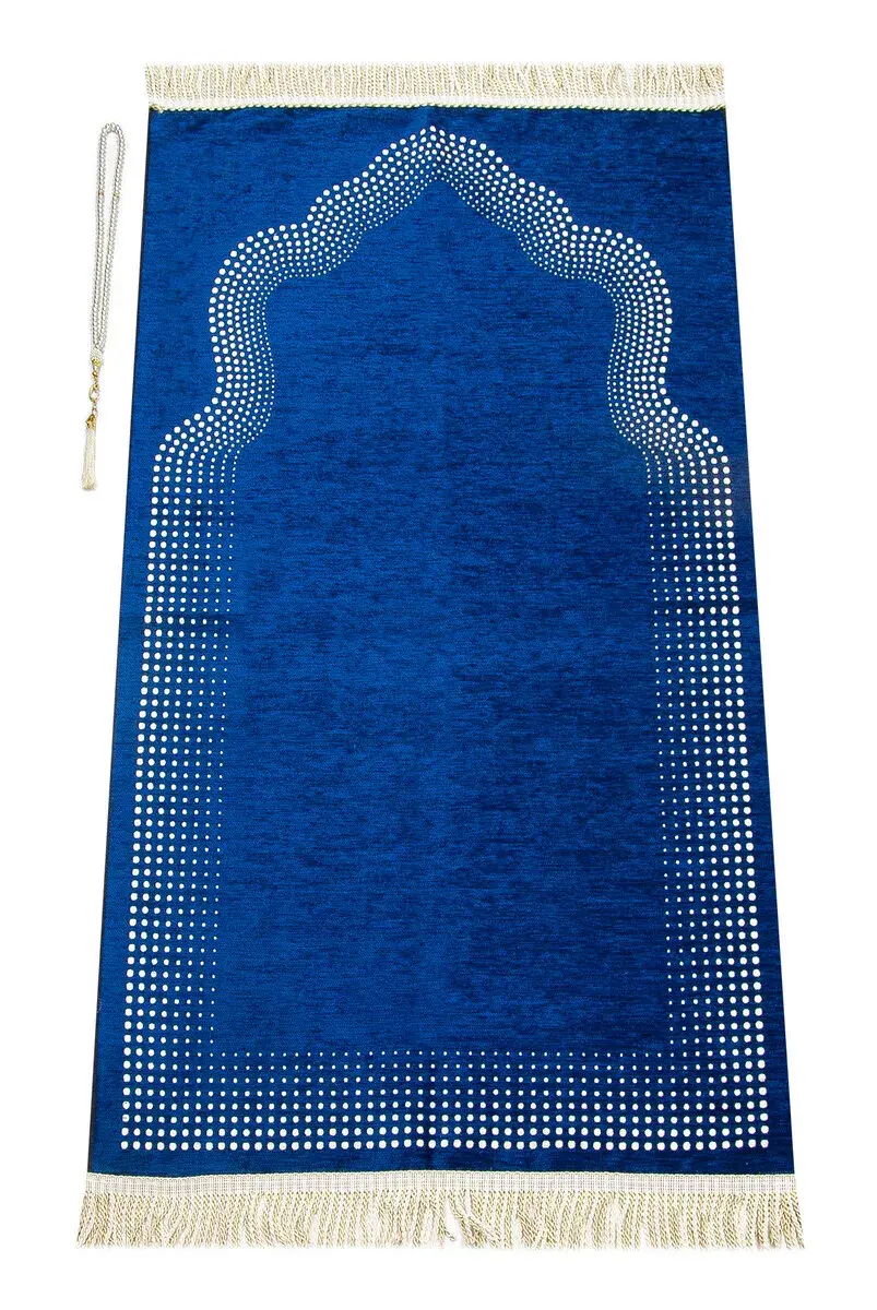 Mihrab Patterned Plain Chenille Prayer Rug Navy Blue - 1