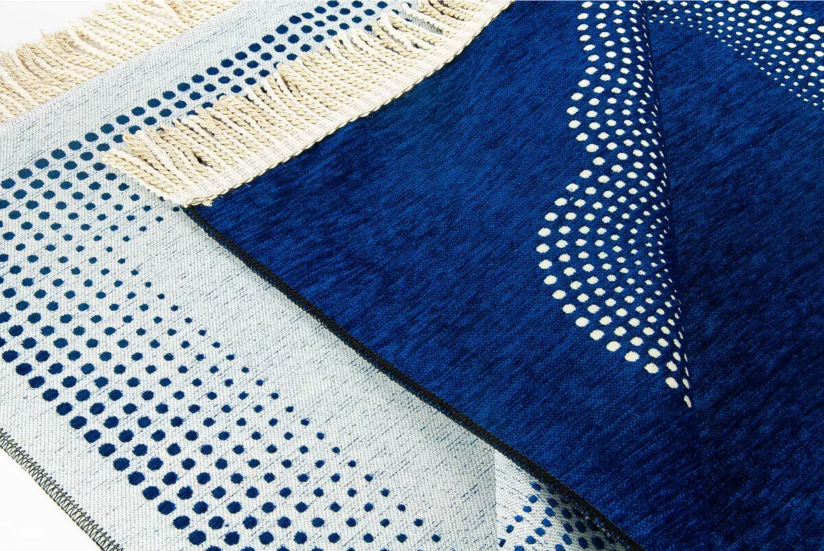Mihrab Patterned Plain Chenille Prayer Rug Navy Blue - 2